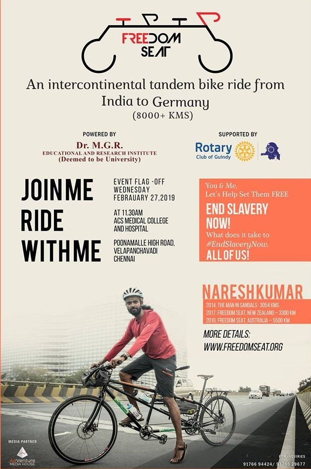 Join with Naresh in a Tandem bike from India to Germany to EndSlaveryNow, Chennai, Tamil Nadu, India