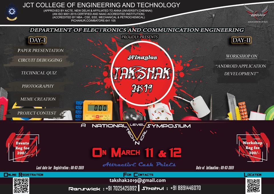 TAKSHAK-2K19—NATIONAL LEVEL TECHNICAL SYMPOSIUM & WORKSHOP ON ANDROID-APPLICATION-DEVELOPMENT, Coimbatore, Tamil Nadu, India