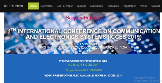 Scopus-Indexed IEEE International Conference on Communication and Electronics Systems 2019, Coimbatore, Tamil Nadu, India