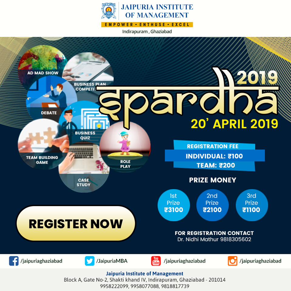 SPARDHA 2019 Inter College Management Fest is to be Organised on April 20,2019, Ghaziabad, Uttar Pradesh, India