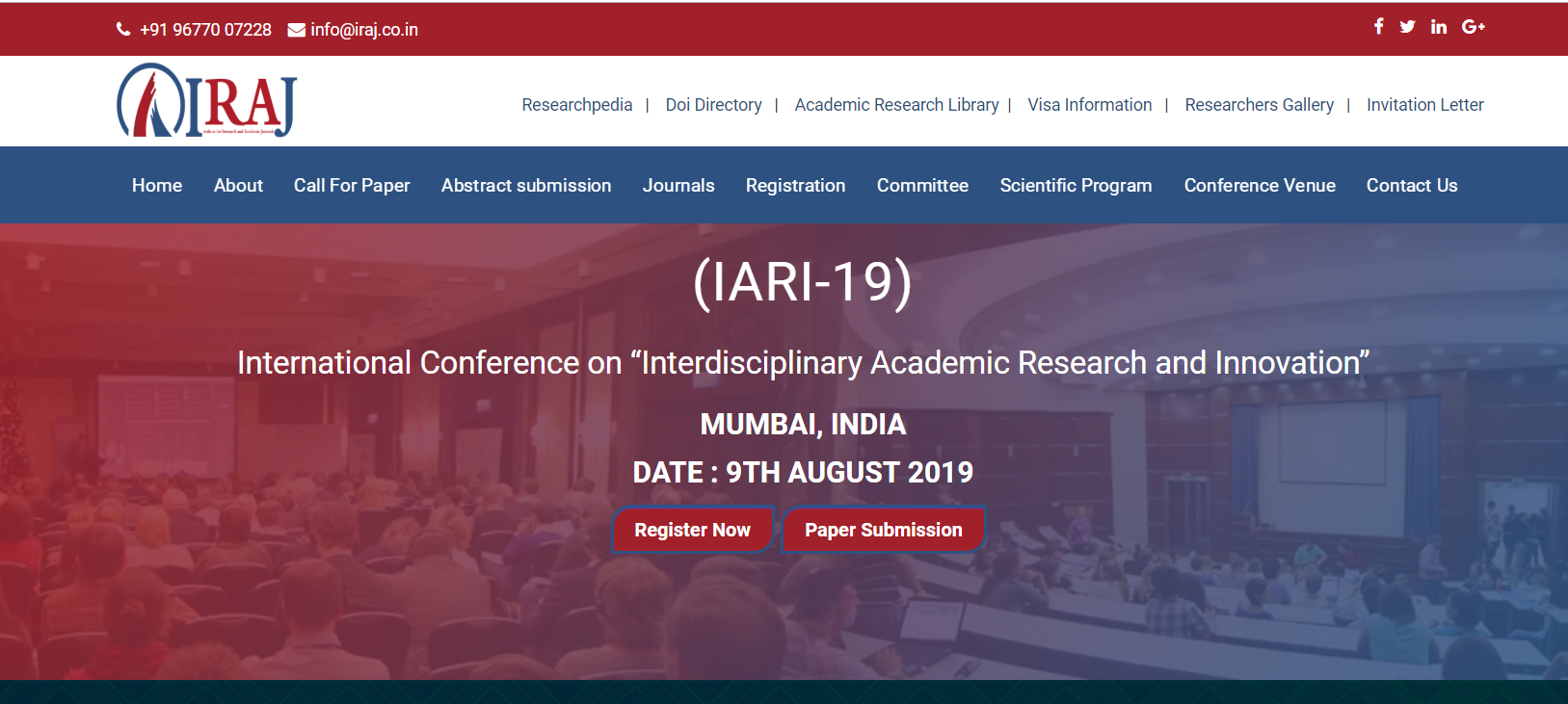 International Conference on “Interdisciplinary Academic Research and Innovation” (IARI-19), Mumbai, Maharashtra, India