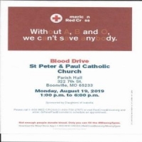 Red Cross Blood Drive, August 19, 2019 1:00 pm to 6:00 pm.