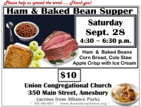 Ham & Baked Bean Supper Sept. 28, 4:30-6:30. Union Congregational Church