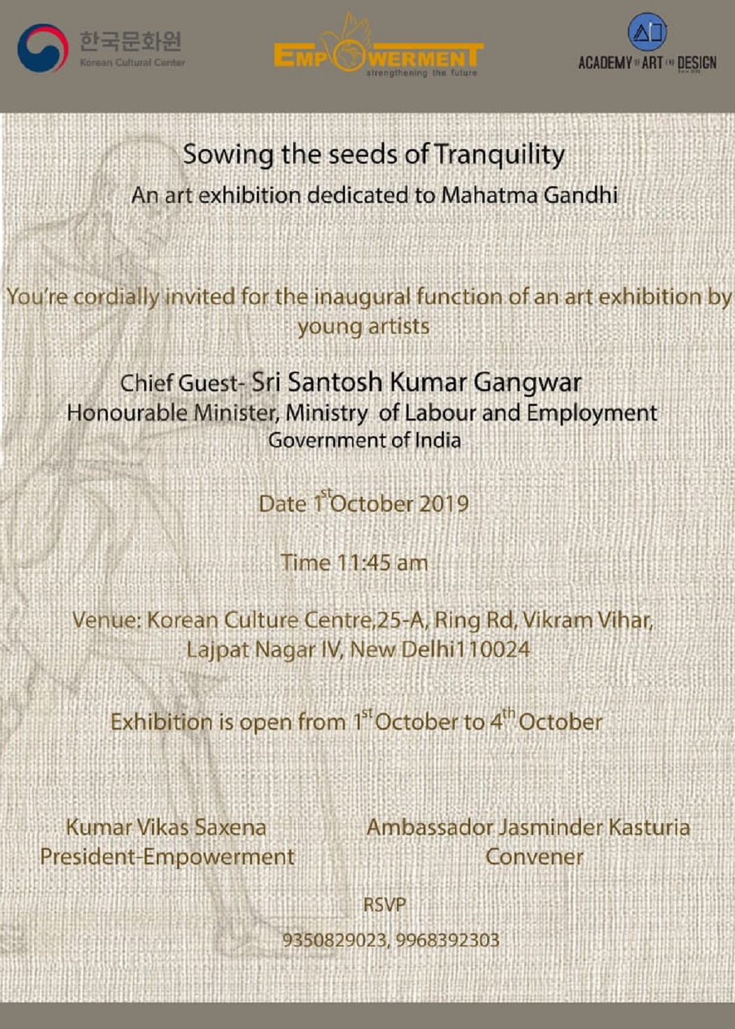 “SOWING THE SEEDS OF TRANQUILITY”- An Art Show (Celebrating 150 years of “THE MAHATMA”), New Delhi, Delhi, India