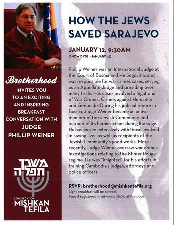 How the Jews Saved Sarajeva-Congregation Mishkan Tefila Brotherhood, Norfolk, Massachusetts, United States