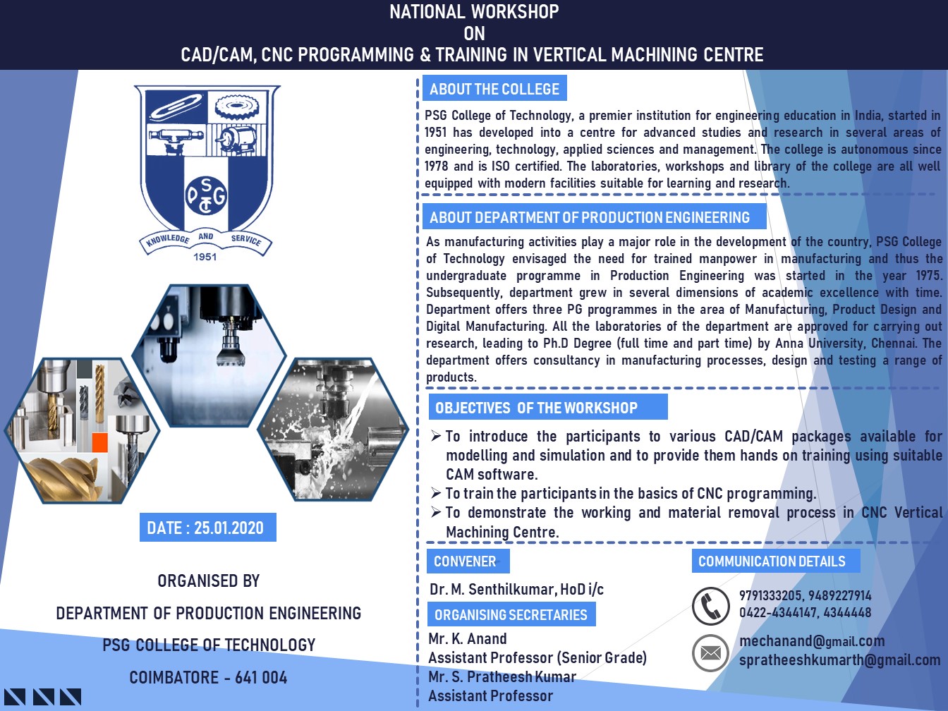 NATIONAL WORKSHOP ON CAD/CAM, CNC PROGRAMMING & TRAINING IN VERTICAL MACHINING CENTRE, Coimbatore, Tamil Nadu, India