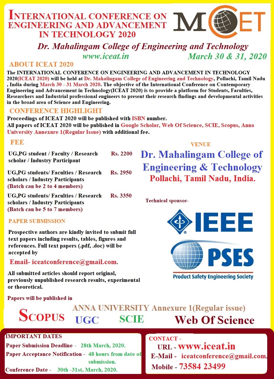INTERNATIONAL CONFERENCE ON  ENGINEERING AND ADVANCEMENT IN TECHNOLOGY 2020, Coimbatore, Tamil Nadu, India
