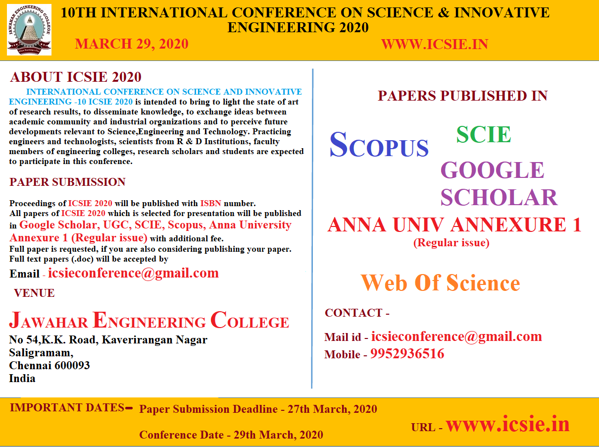 10TH INTERNATIONAL CONFERENCE ON SCIENCE AND INNOVATIVE ENGINEERING -10 ICSIE 2020, Chennai, Tamil Nadu, India