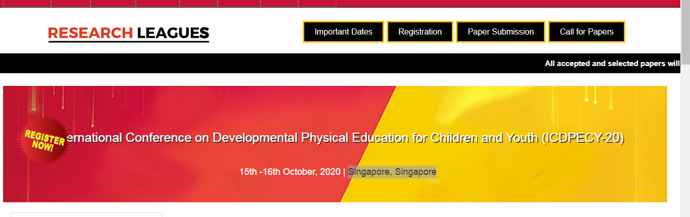 International Conference on Developmental Physical Education for Children and Youth (ICDPECY-20), Singapore