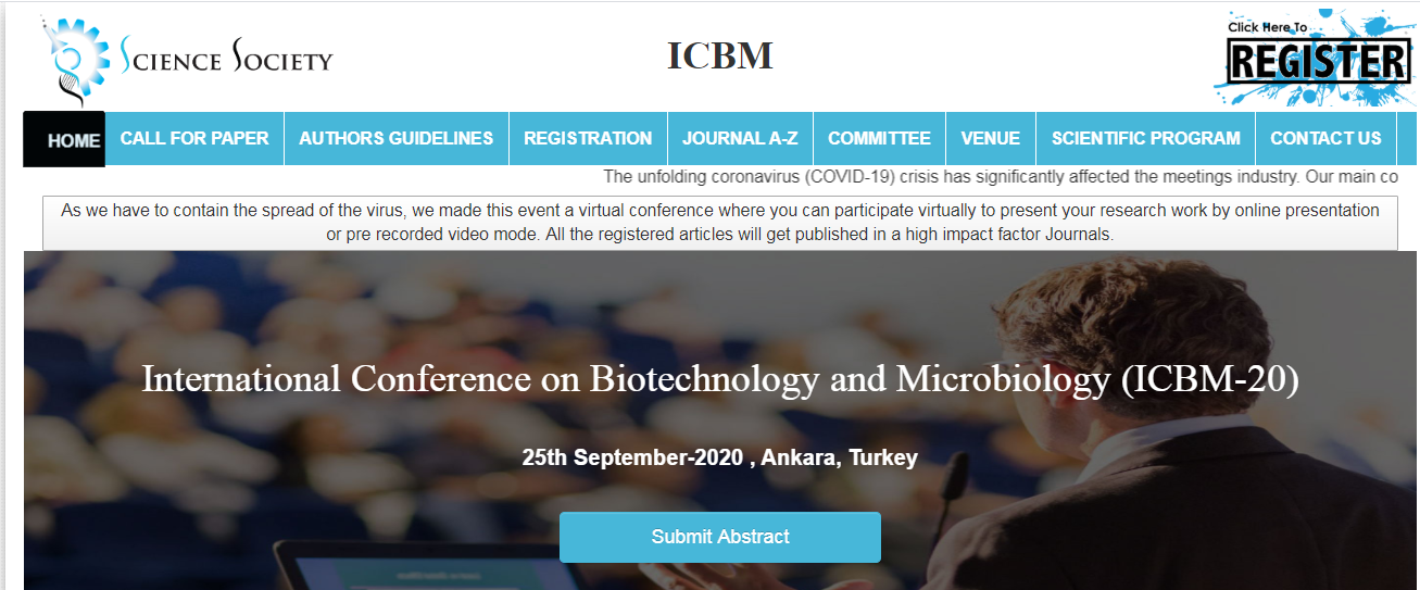 International Conference on Biotechnology and Microbiology (ICBM-20), Ankara, Turkey