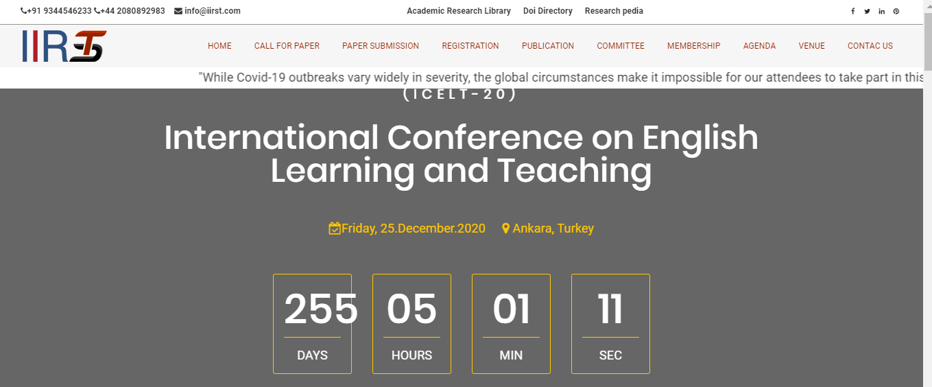 International Conference on English Learning and Teaching  (ICELT-20), Ankara, Turkey