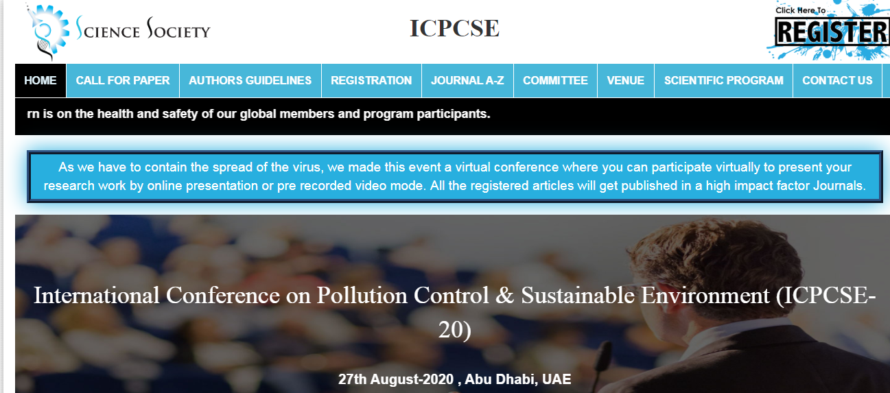 International Conference on Pollution Control & Sustainable Environment (ICPCSE-20), Abu Dhabi, United Arab Emirates