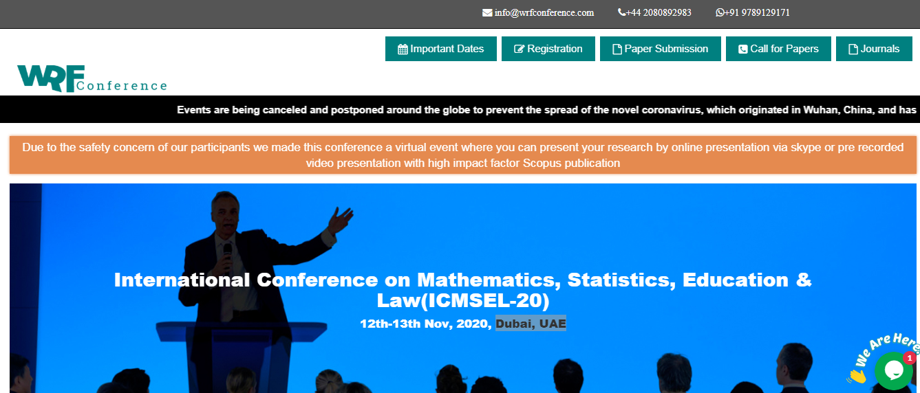 International Conference on Mathematics, Statistics, Education & Law(ICMSEL-20), Dubai, United Arab Emirates