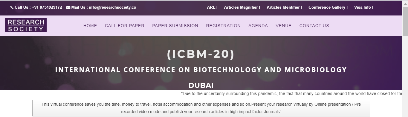 International Conference on Biotechnology and Microbiology (ICBM-20), Dubai, United Arab Emirates