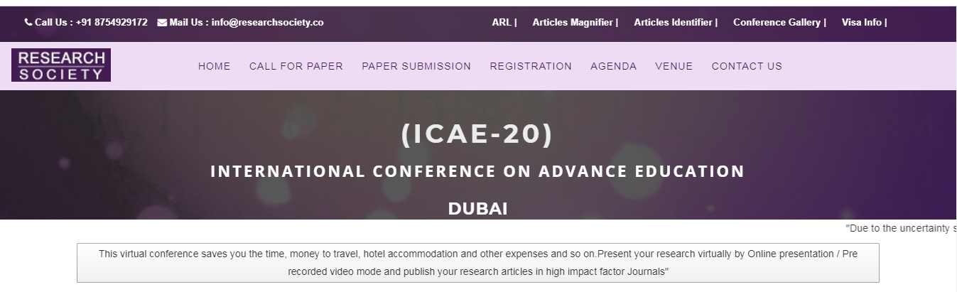 International Conference on Advance Education (ICAE-20), Dubai, United Arab Emirates