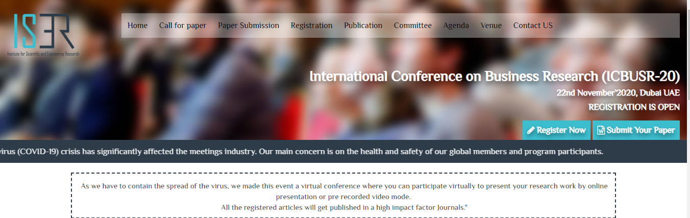 International Conference on Business Research (ICBUSR-20), Dubai, United Arab Emirates