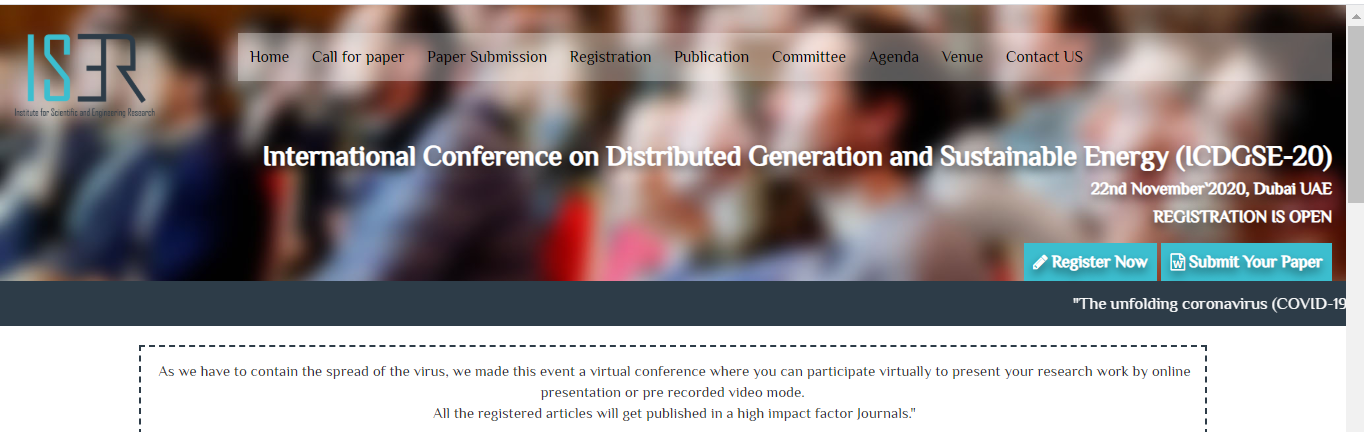 International Conference on Distributed Generation and Sustainable Energy (ICDGSE-20), Dubai, United Arab Emirates