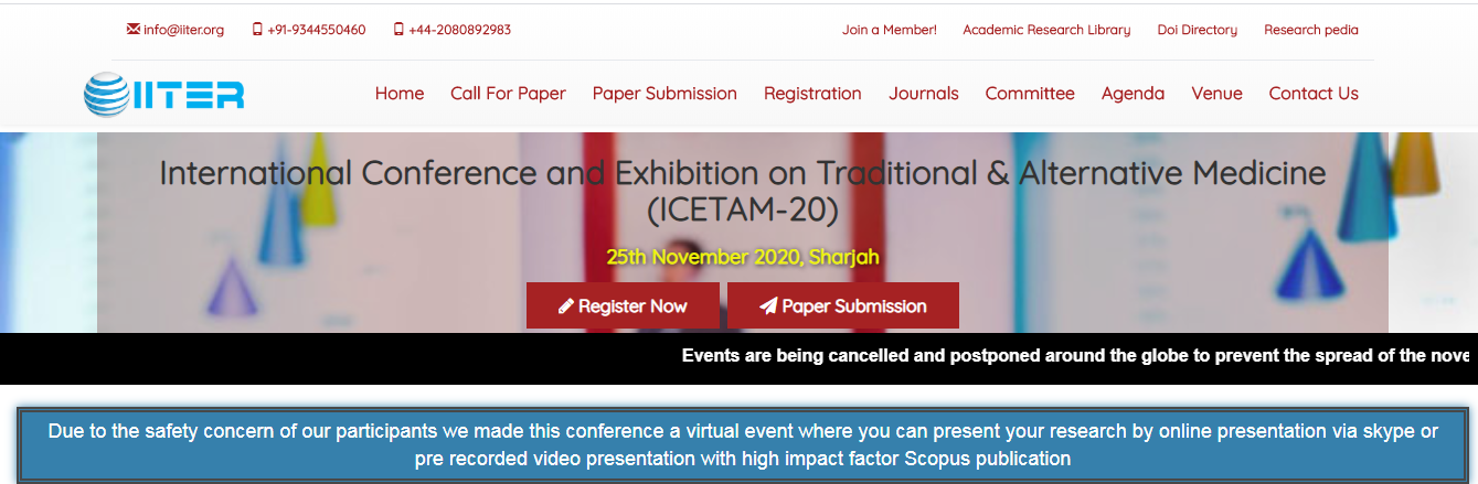 International Conference and Exhibition on Traditional & Alternative Medicine (ICETAM-20), Sharjah, United Arab Emirates