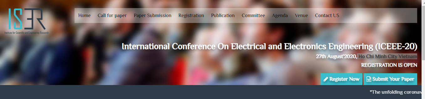 International Conference On Electrical and Electronics Engineering (ICEEE-20), Vietnam, Ho Chi Minh, Vietnam