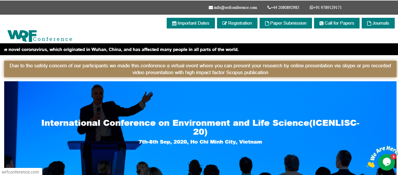 International Conference on Environment and Life Science(ICENLISC-20), Vietnam, Ho Chi Minh, Vietnam