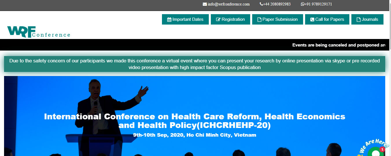 International Conference on Health Care Reform, Health Economics and Health Policy(ICHCRHEHP-20), Vietnam, Ho Chi Minh, Vietnam