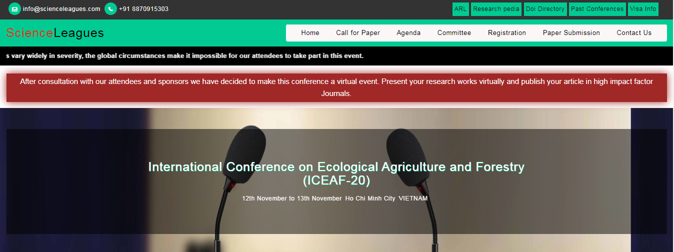 International Conference on Ecological Agriculture and Forestry (ICEAF-20), Vietnam, Ho Chi Minh, Vietnam