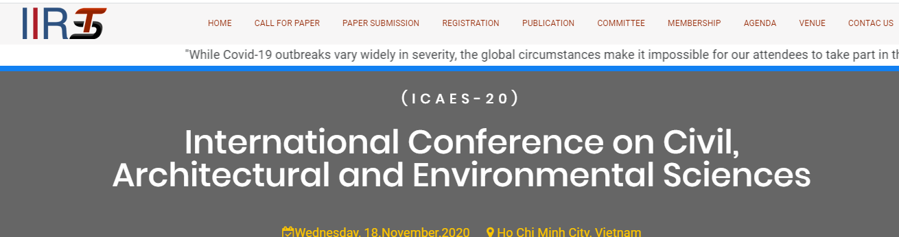 International Conference on Civil, Architectural and Environmental Sciences (ICAES-20), Vietnam, Ho Chi Minh, Vietnam