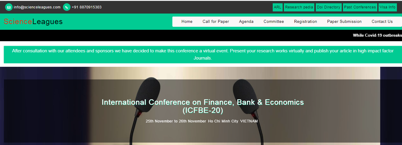 International Conference on Finance, Bank & Economics (ICFBE-20), Vietnam, Ho Chi Minh, Vietnam