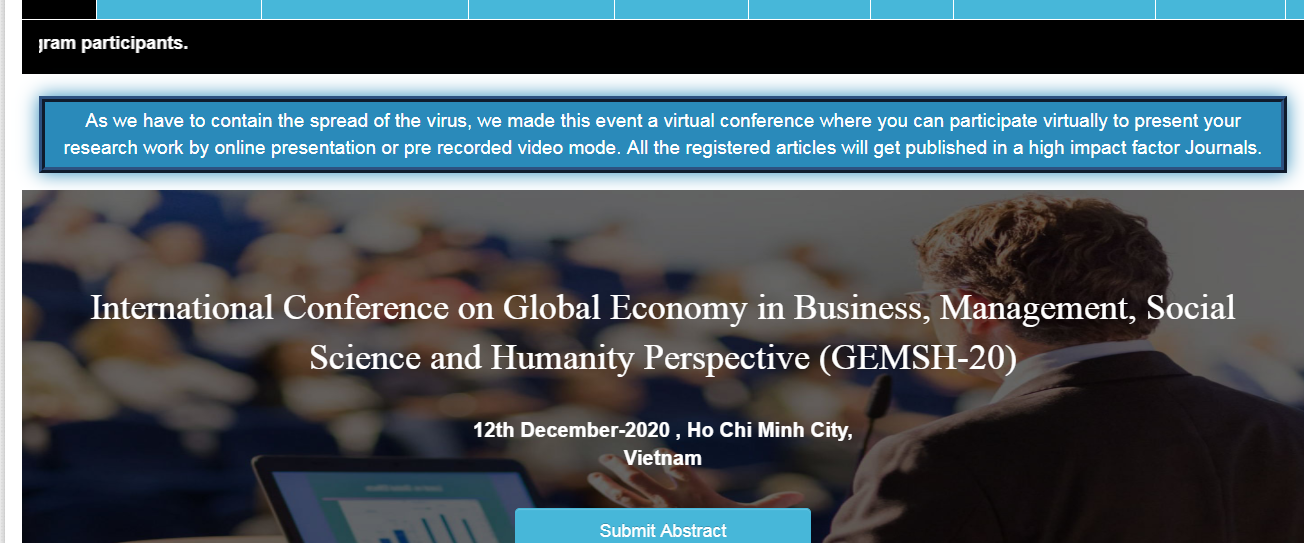International Conference on Global Economy in Business, Management, Social Science and Humanity Perspective (GEMSH-20), Vietnam, Ho Chi Minh, Vietnam
