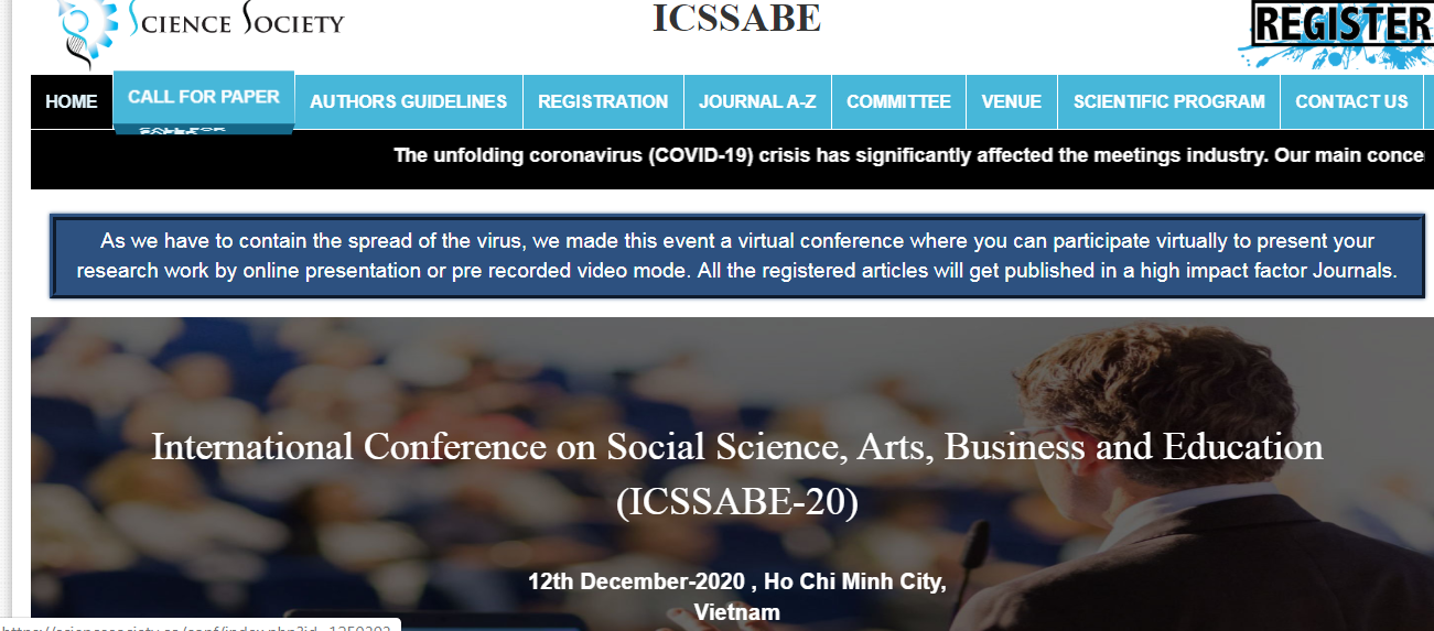 International Conference on Social Science, Arts, Business and Education (ICSSABE-20), Vietnam, Ho Chi Minh, Vietnam