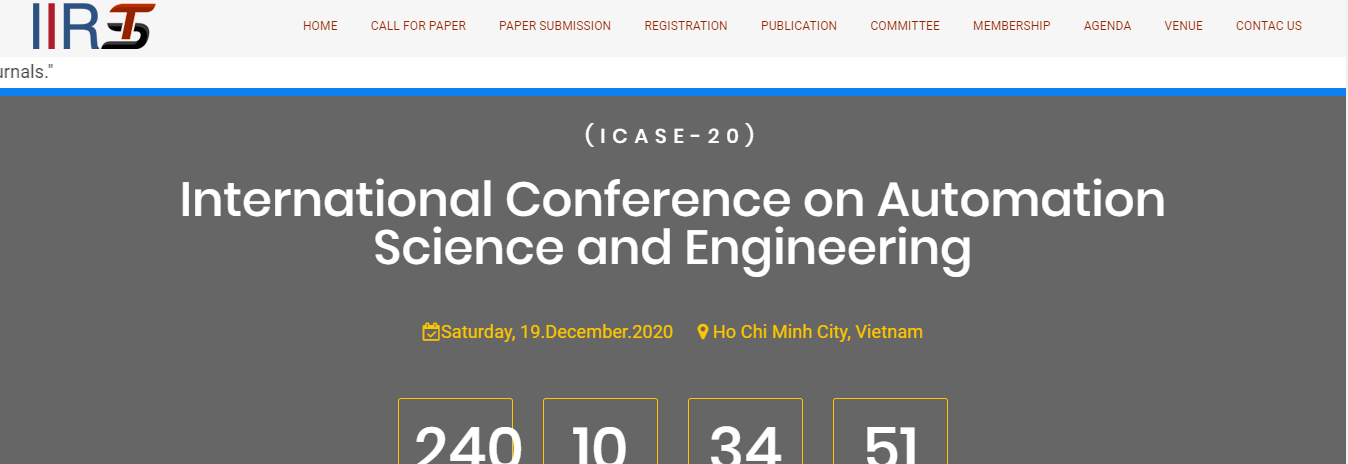 International Conference on Automation Science and Engineering (ICASE-20), Vietnam, Ho Chi Minh, Vietnam