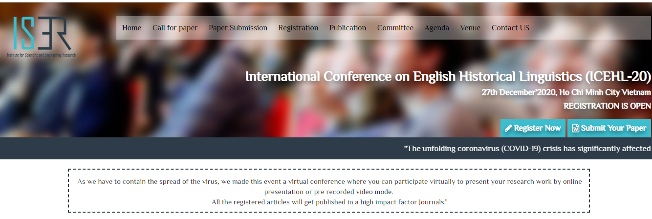 International Conference on English Historical Linguistics (ICEHL-20), Vietnam, Ho Chi Minh, Vietnam