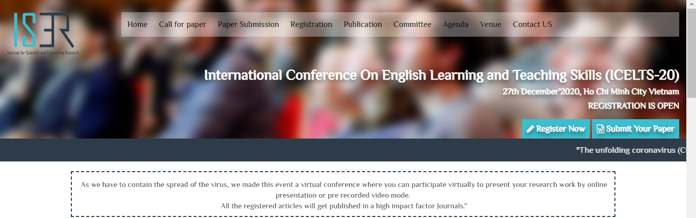 International Conference On English Learning and Teaching Skills (ICELTS-20), Vietnam, Ho Chi Minh, Vietnam