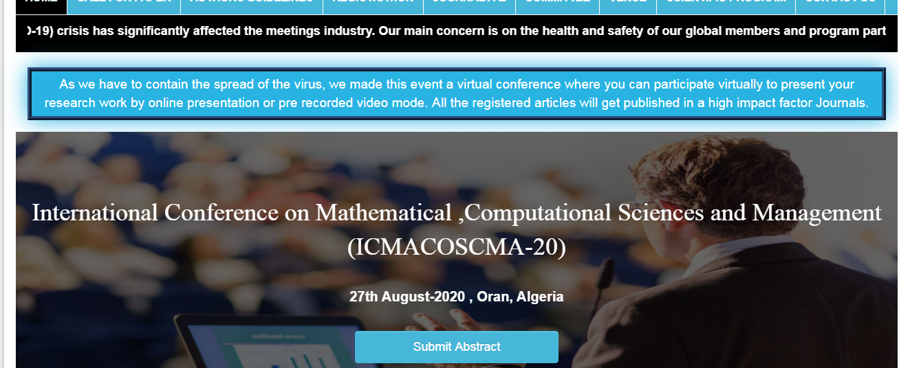 International Conference on Mathematical ,Computational Sciences and Management (ICMACOSCMA-20), Oran, Algeria
