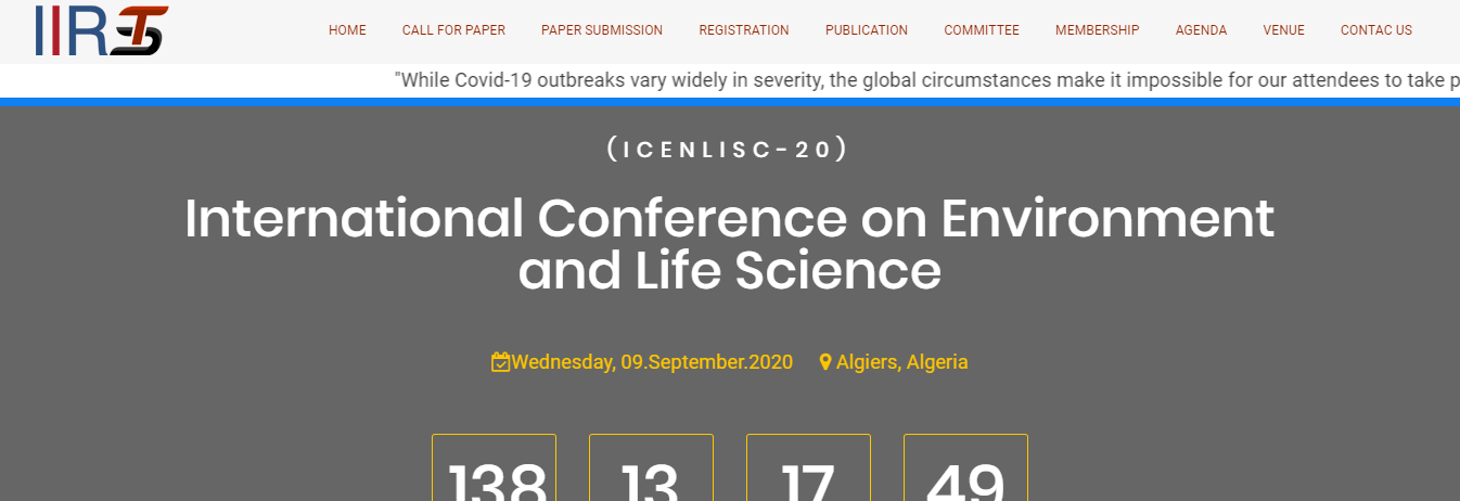 International Conference on Environment and Life Science   (ICENLISC-20), Algiers, Algeria