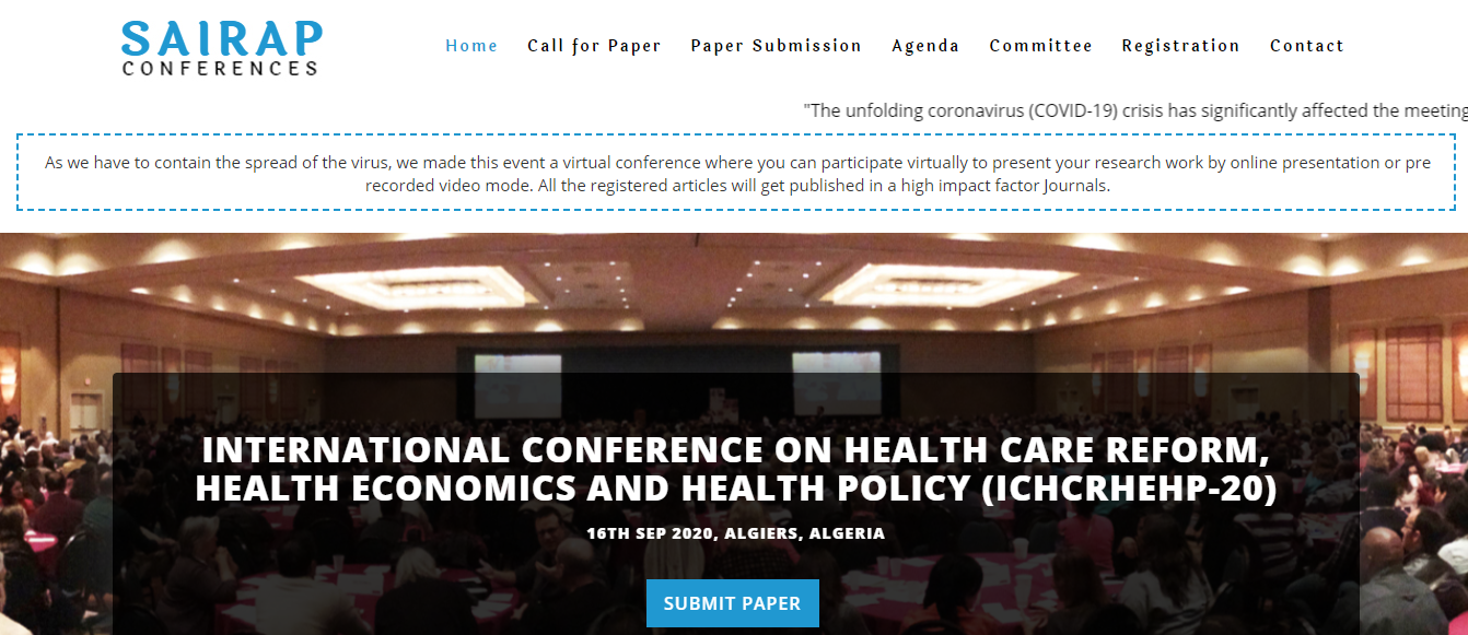 International Conference on Health Care Reform, Health Economics and Health Policy (ICHCRHEHP-20), Algiers, Algeria