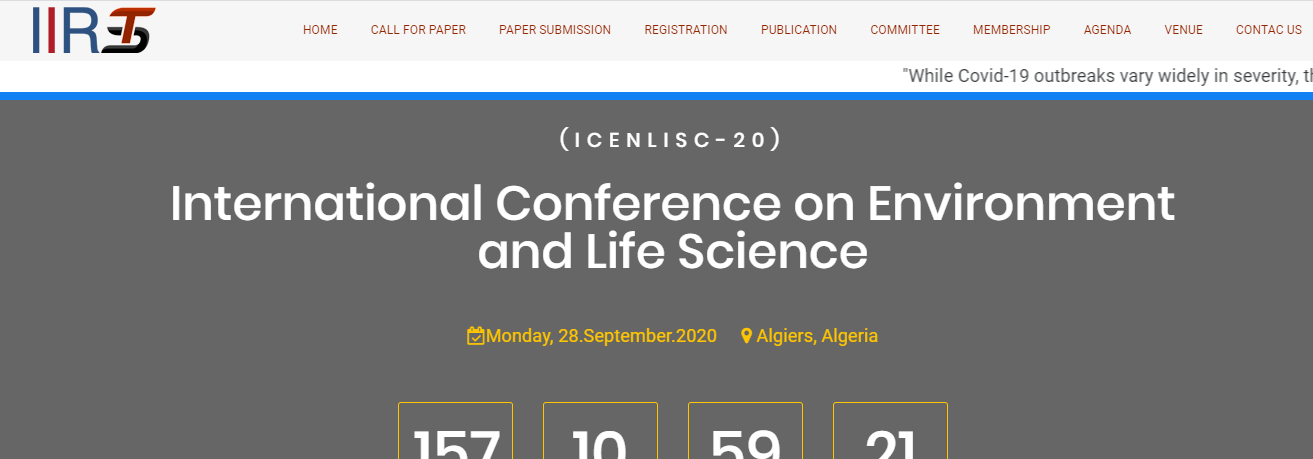 International Conference on Environment and Life Science  (ICENLISC-20), Algiers, Algeria