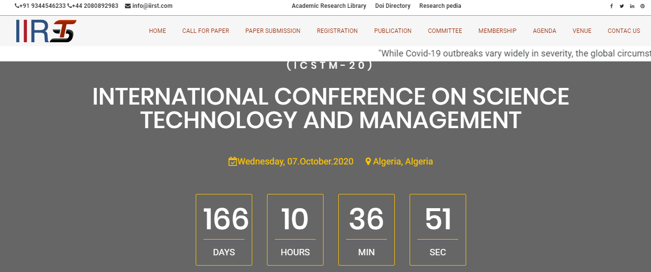 INTERNATIONAL CONFERENCE ON SCIENCE TECHNOLOGY AND MANAGEMENT (ICSTM-20), Algeria