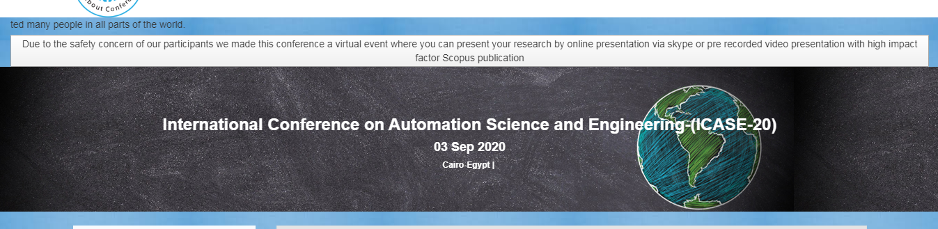 International Conference on Automation Science and Engineering-(ICASE-20), Cairo-Egypt, Cairo, Egypt