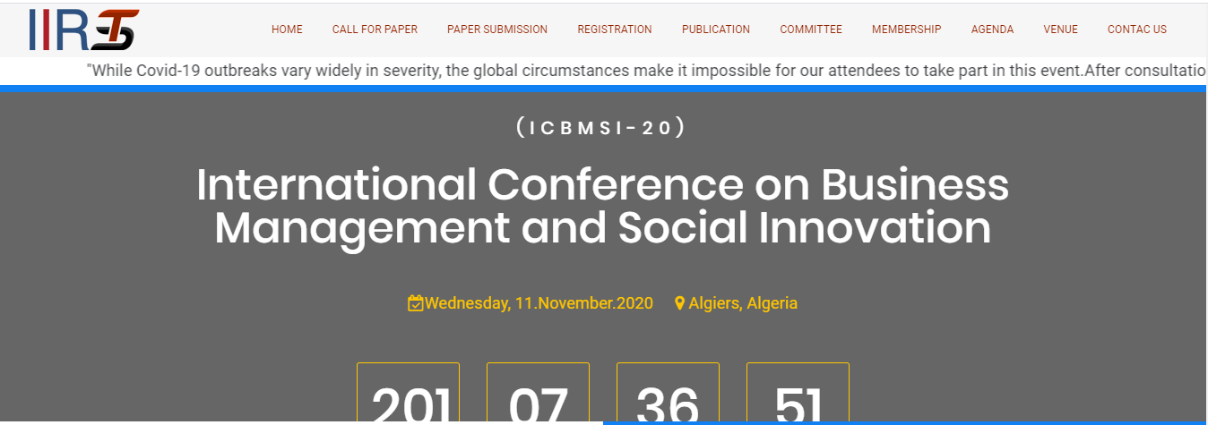 International Conference on Business Management and Social Innovation (ICBMSI-20), Algiers, Algeria