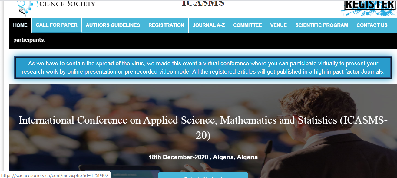 International Conference on Applied Science, Mathematics and Statistics (ICASMS-20), Algeria