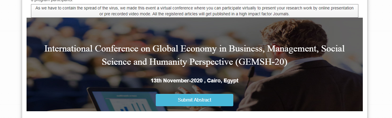 International Conference on Global Economy in Business, Management, Social Science and Humanity Perspective (GEMSH-20), Cairo, Egypt,Cairo,Egypt
