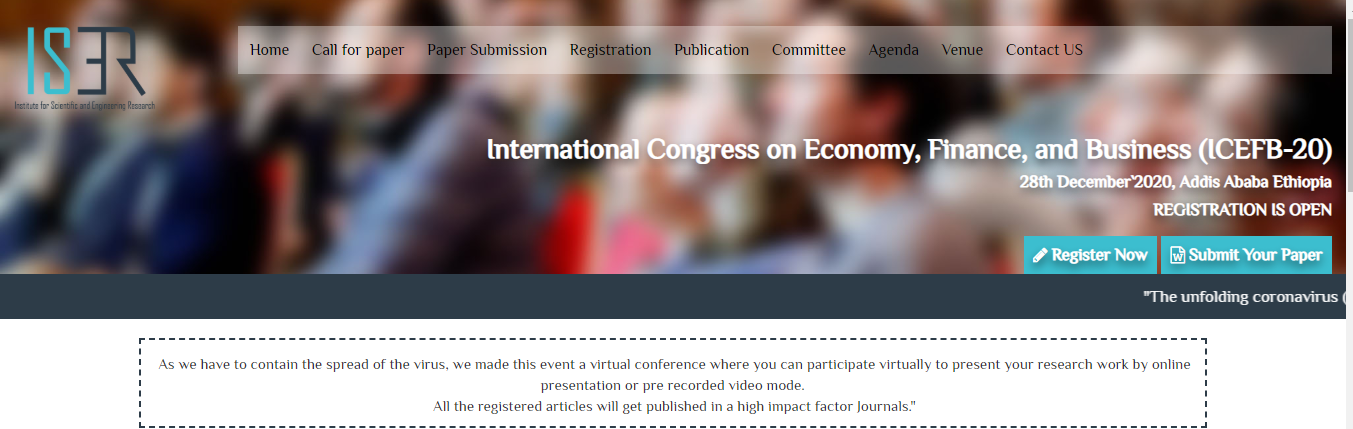 International Congress on Economy, Finance, and Business (ICEFB-20), Addis Ababa, Ethiopia