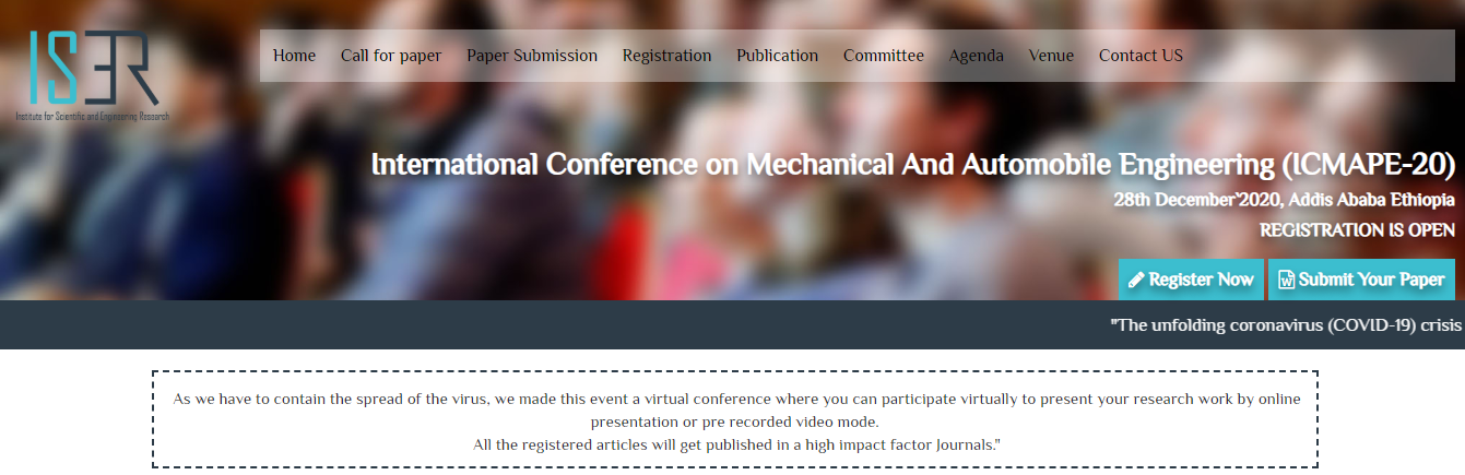 International Conference on Mechanical And Automobile Engineering (ICMAPE-20), Addis Ababa, Ethiopia
