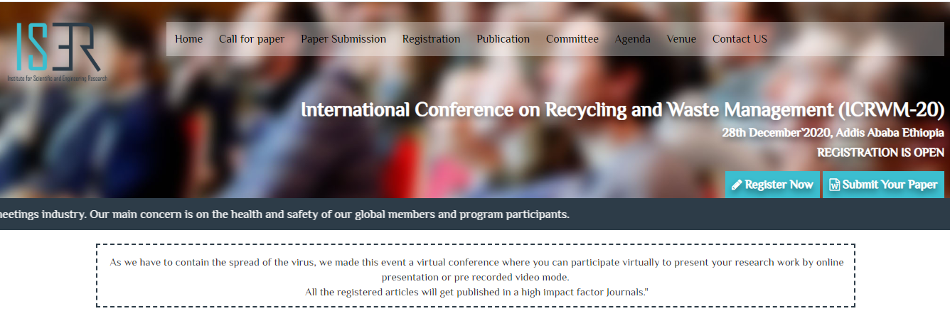 International Conference on Recycling and Waste Management (ICRWM-20), Addis Ababa, Ethiopia