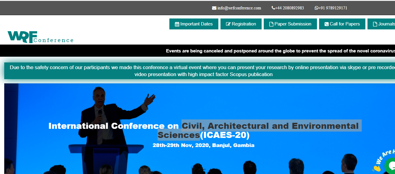 International Conference on Civil, Architectural and Environmental Sciences(ICAES-20), Banjul, Gambia