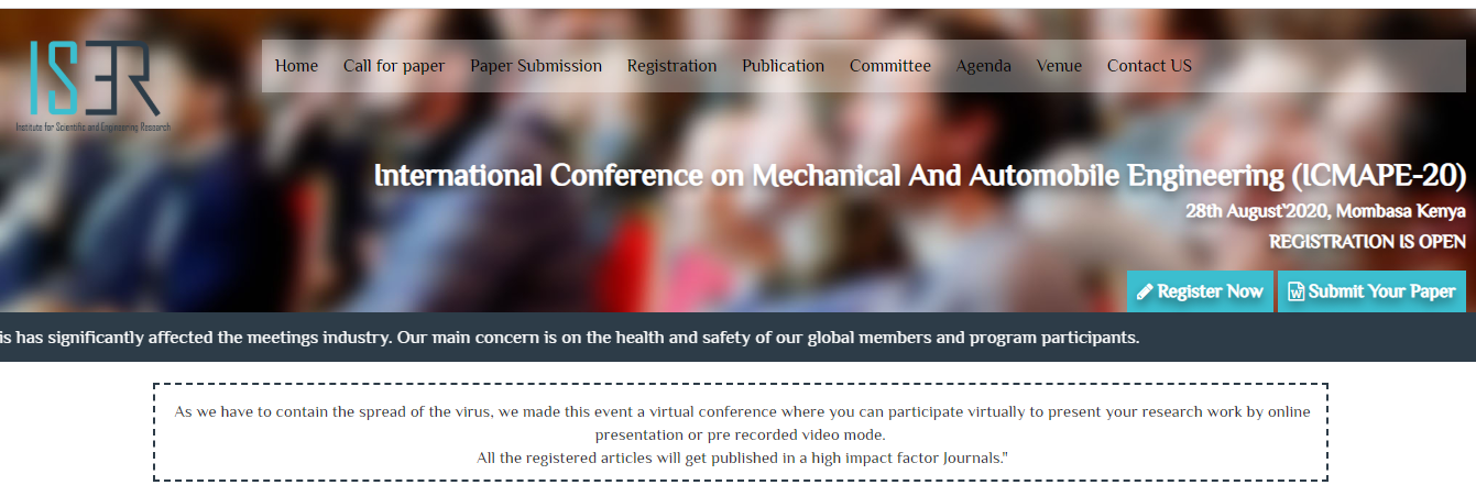 International Conference on Mechanical And Automobile Engineering (ICMAPE-20), Mombasa, Kenya