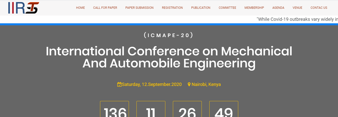 International Conference on Mechanical And Automobile Engineering (ICMAPE-20), Nairobi, Kenya