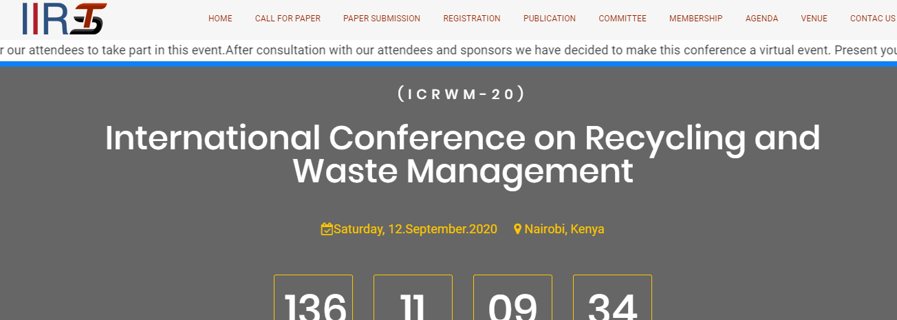 International Conference on Recycling and Waste Management (ICRWM-20), Nairobi, Kenya