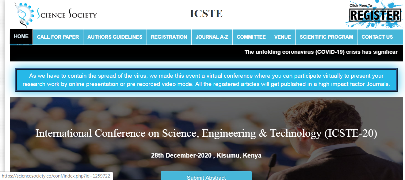 International Conference on Science, Engineering & Technology (ICSTE-20), Kisumu, Kenya